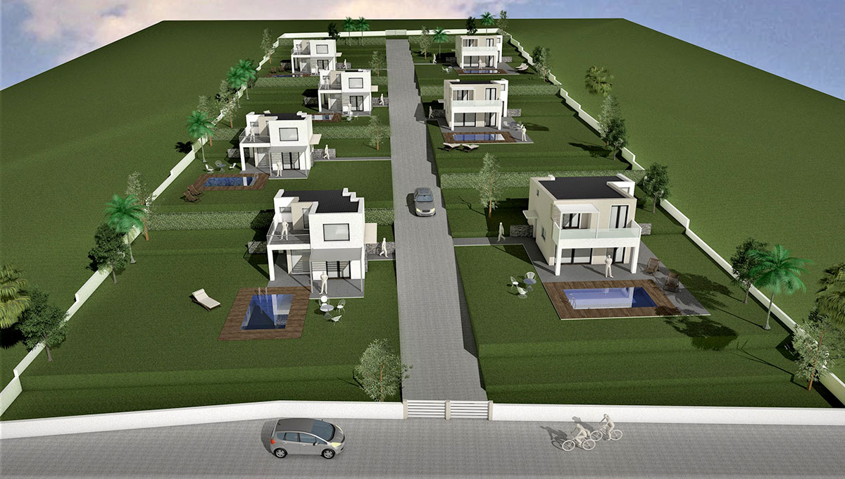 Overview of complex Agnanti properties with private backyards and pools
