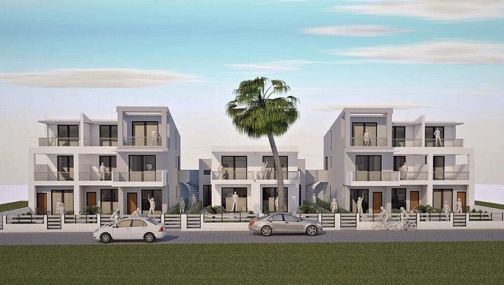 3D visualization of complex Dafni 2 properties with parking spaces